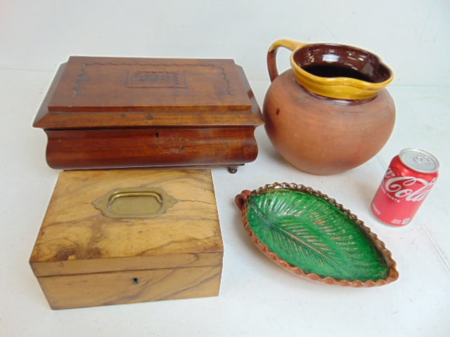 2 wood boxes, redware pitcher & leaf shaped dish, large box has carved initials "J.H.R." in lid and (1 of 6)