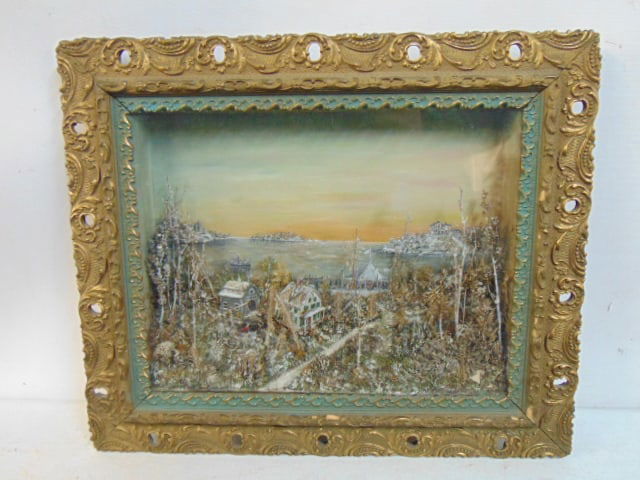 Framed diorama, small village by lake, various houses, boat, in gilt frame, 15.75" by 18.5": Framed diorama, small village by lake, various houses, boat, in gilt frame, 15.75" by 18.5"