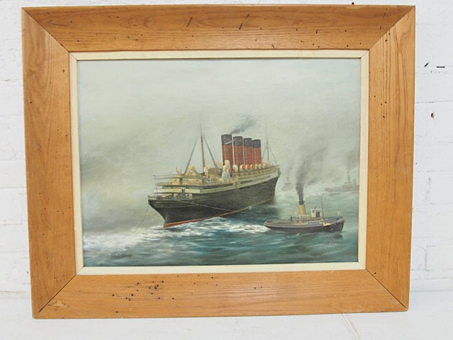 Painting, "R.M.S. Mauretania", Reg. B. Strange, oil on Masonite, steamship Mauretania with tugboat, (1 of 5)