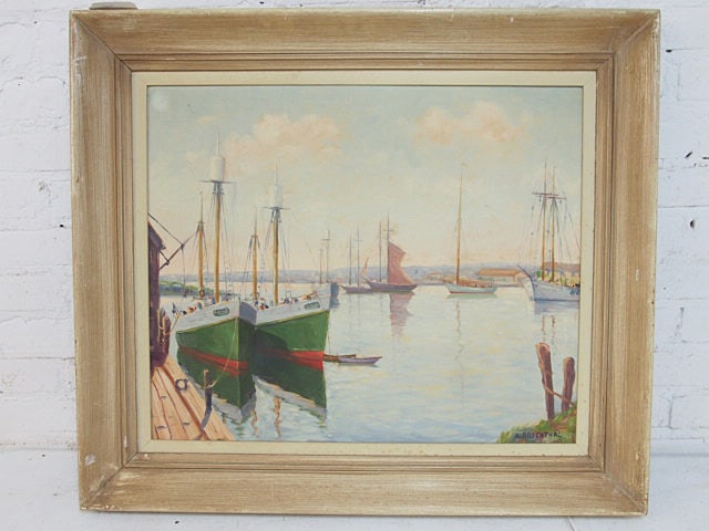 Painting, harbor scene, Abraham Rosenthal, various fishing boats, sailboats in small harbor, oil on (1 of 5)