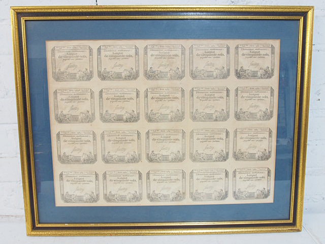 Uncut sheet of French revolution era currency, 50 Sol assignat banknotes.13.5" by 18.5", framed size (1 of 4)