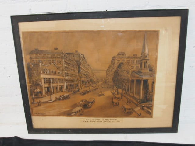 Drawing, Carl Brandien, "Broadway Tarrytown,", Looking North from Central Ave. 1932, 21" by 30.5", (1 of 5)