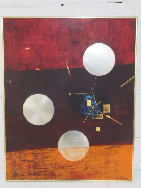 Mixed media composition, Jay Robinson, paint & metal discs on Masonite, 30" by 24": Mixed media composition, Jay Robinson, paint & metal discs on Masonite, 30" by 24"