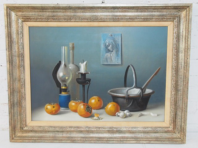 Painting, still life, Proferio Grossi, 1973, oil on Masonite, still-life with tomatoes, oil lamp,: Painting, still life, Proferio Grossi, 1973, oil on Masonite, still-life with tomatoes, oil lamp, pot, candle holder & painting, 19.75" by 27.75", framed size is 26.75" by 34.75"