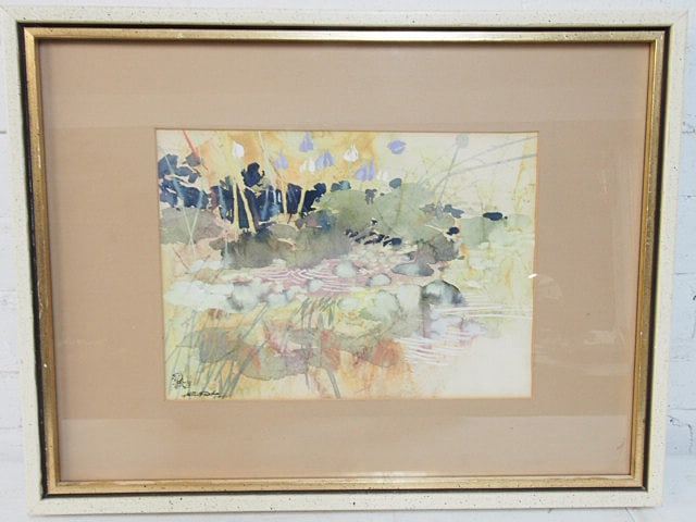 Painting, pond scene with rocks and flowers, signed in calligraphy and illegibly English, dated (1 of 4)