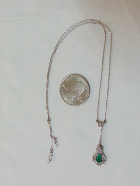 Jewelry. 18kt white gold diamond & emerald necklace, 3.88 grams, hallmark on pendant 18ct & on clasp (1 of 4)