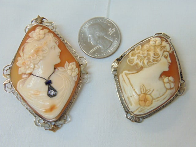 Jewelry. (2) Carved Gold Cameo brooches/pendants, both 14kt white gold carved with portraits of a (1 of 5)