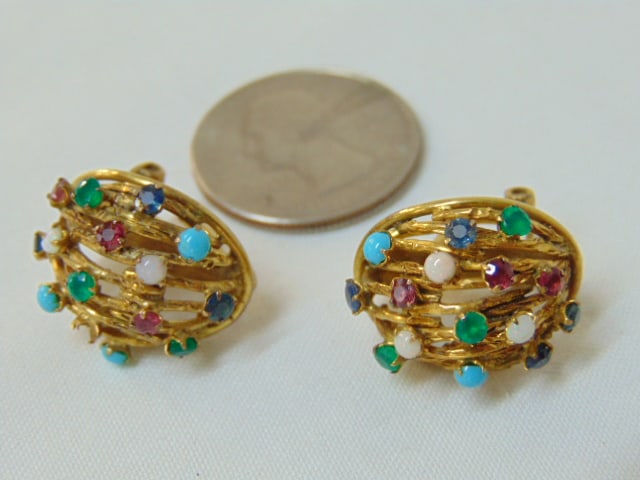 Jewelry. Gold gemstone earrings, hallmark 14k, 10 grams, post earrings w/ various stones including (1 of 4)