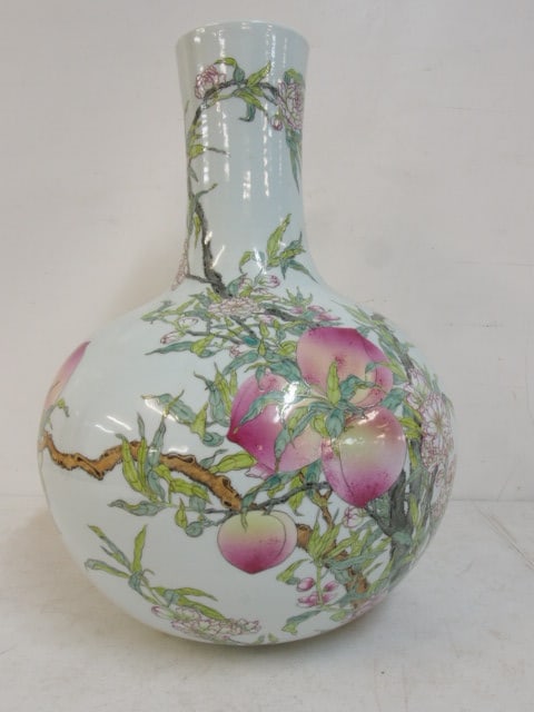 Large Chinese porcelain peach blossom vase, signed, drilled, vase is 20" tall, 15" wide (1 of 6)