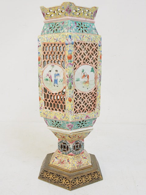 Chinese porcelain Famille Rose reticulated vase with various scenes, brass base, hexagonal shaped, (1 of 5)