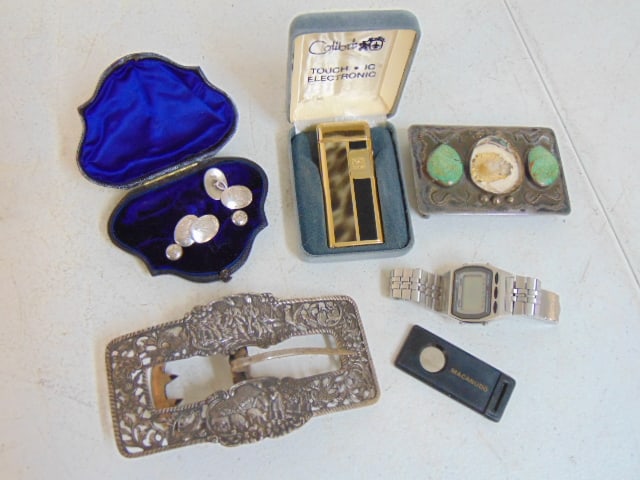 Sterling buckle, vintage digital watch, Colibri lighter, sterling cuffs in case. buckle with missing (1 of 5)
