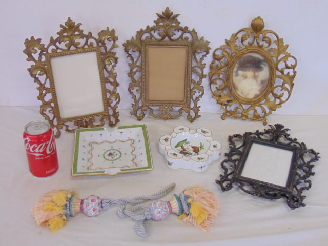 Lot, 4 brass frames, 2 MacKenzie & Childs tassels, Herend bird decorated ashtray & Haviland Limoges (1 of 5)