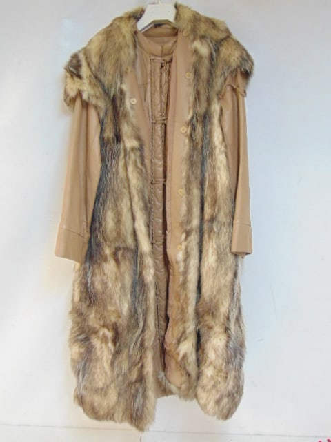 Leather & fur coat, coat is 45" long, approx. 17" wide at shoulders, coat is in two pieces, leather (1 of 8)