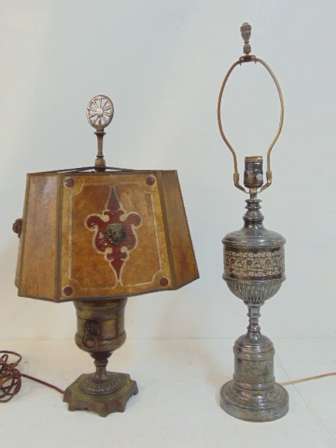 2 table lamps, silver plates with decorative reticulated designs & copper table lamp with mica shade (1 of 6)