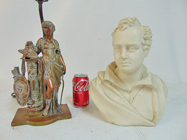 Bronze neoclassical figural lamp & Parian Wedgwood bust, bronze figure likely Athena, leaning: Bronze neoclassical figural lamp & Parian Wedgwood bust, bronze figure likely Athena, leaning against column with shield featuring the Medusa head motif, bust of Lord Byron by Edward William Wyon, mar