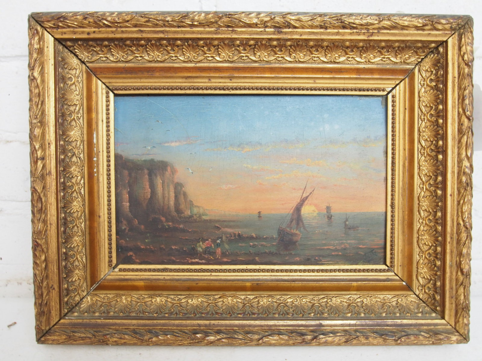 Painting, beached sailboat & figures by cliffs, sunset, signed Choury (? unsure), oil on carved wood (1 of 5)