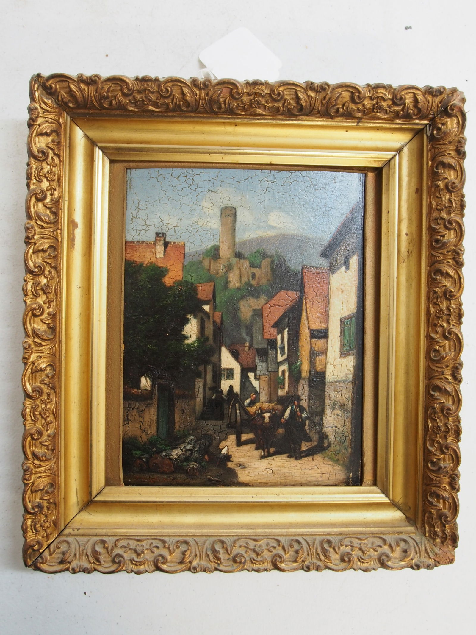 Painting, ox cart in European village, oil on panel, signed illegibly, panel is 9.75" by 7.25", (1 of 4)