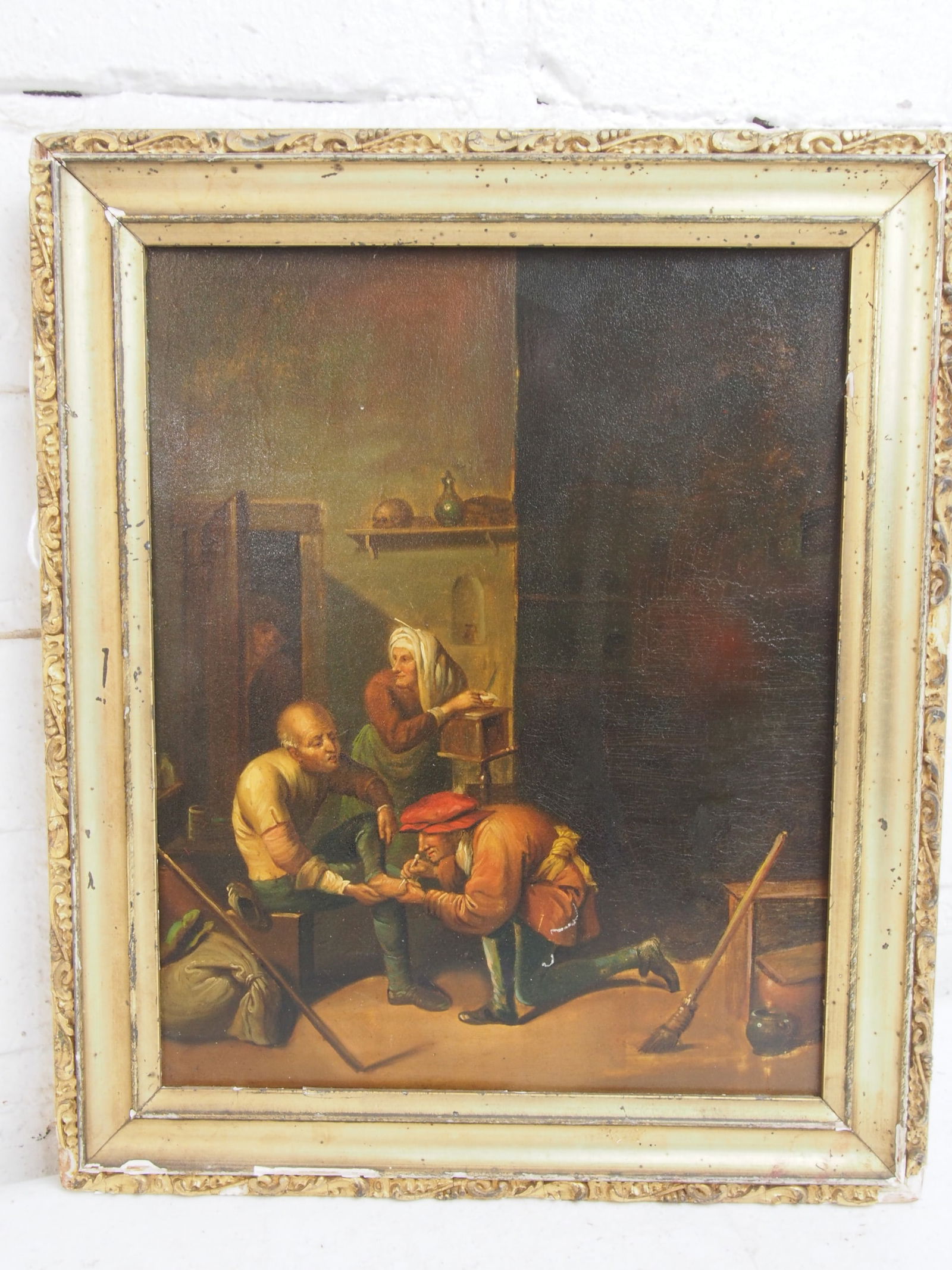 Painting, genre, the foot doctor, Dutch school, unsigned oil on tin, 9.75" by 8", 11.75" by 10" (1 of 4)