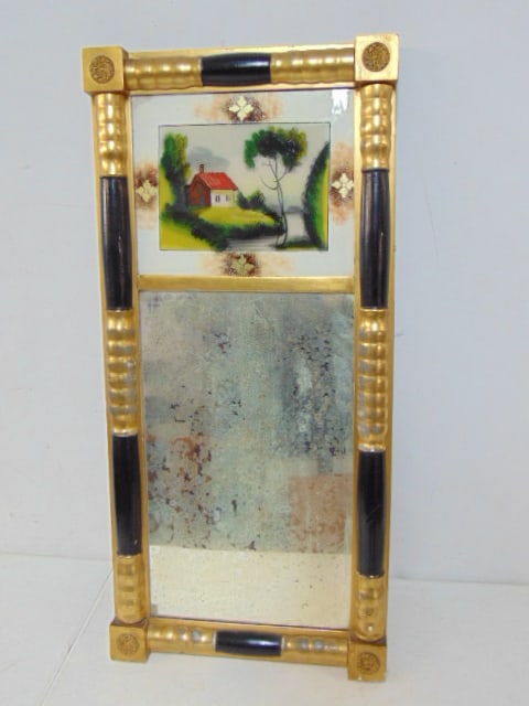 Antique 2 panel mirror with eglomise top showing primitive scene with house , gilt and black frame, (1 of 4)