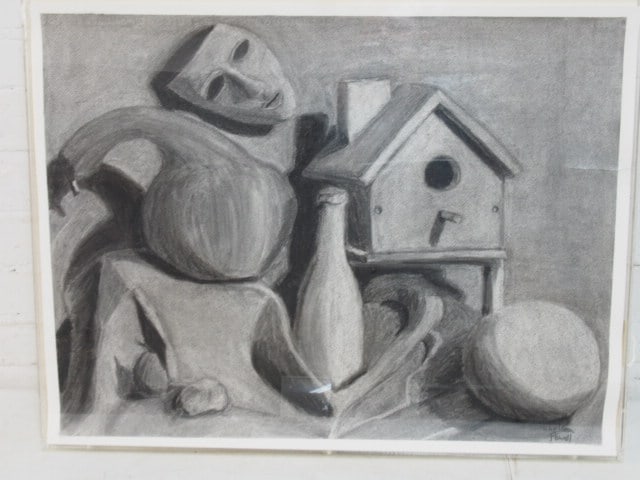 Drawing, mask, birdhouse, composition, Chelsea Powell, has small tear, 19.25" by 25.25" (1 of 3)