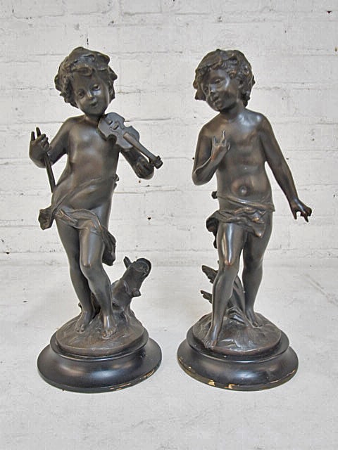 Pair Spelter figures, cherubs, one with violin, 13.25" tall (1 of 4)