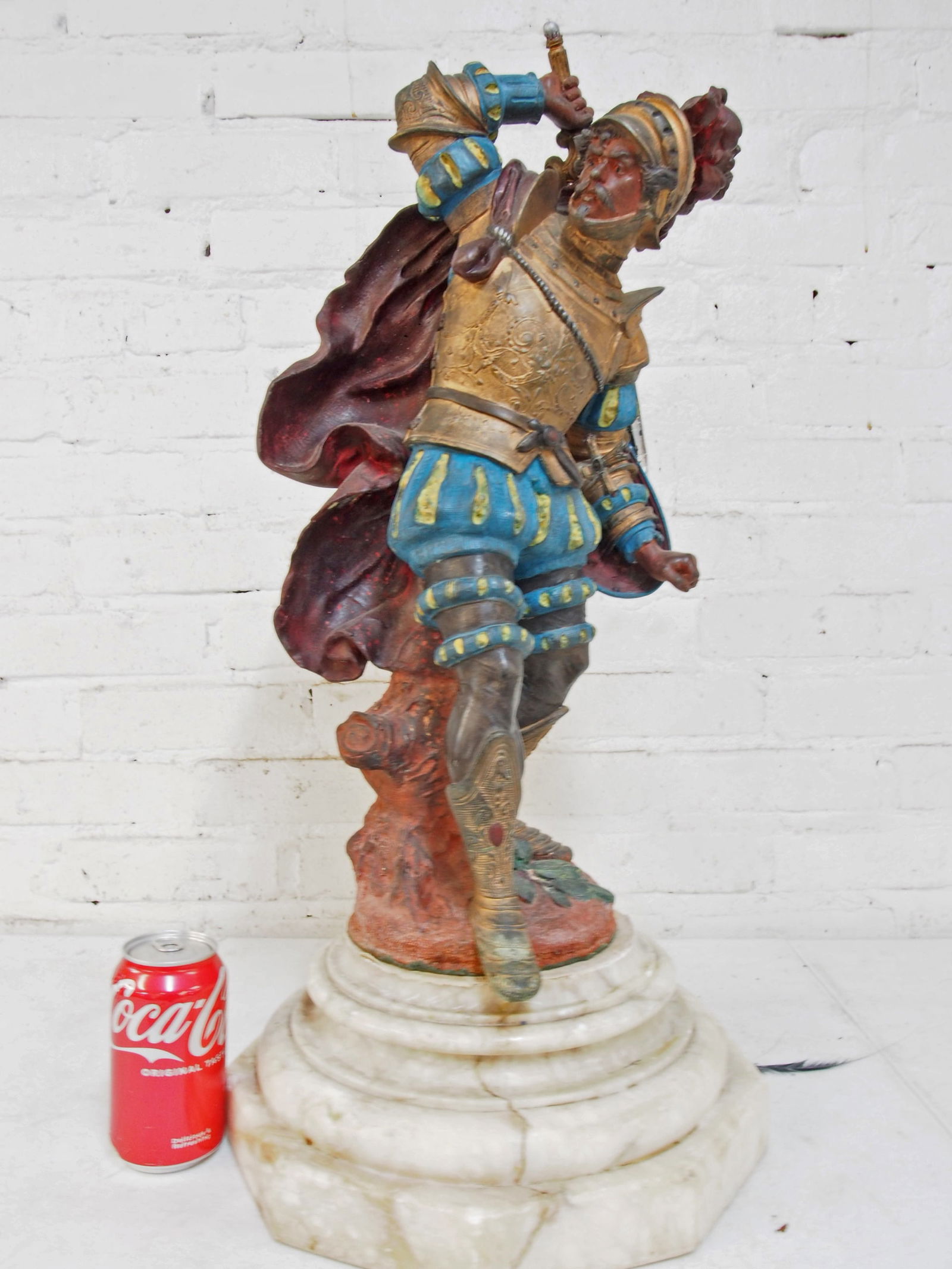 Polychrome Spelter knight with sword & shield on marble base, total height is 26.5", tip of sword is (1 of 5)