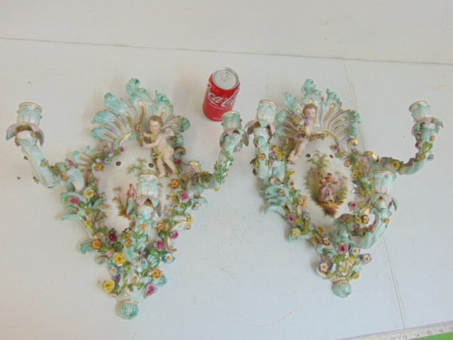 Pair Meissen porcelain wall sconces, three arms each on decorative shield back with putty & floral (1 of 8)