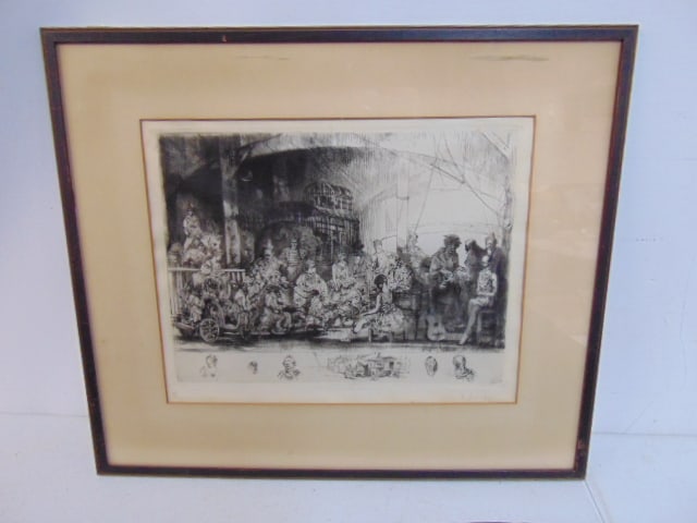 Etching, Circus, signed August Brouet, 11 1/8" by 14", framed size is 17 5/8" by 20.5" (1 of 6)