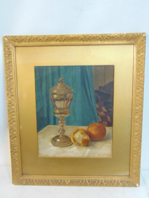 Painting, still-life, signed A. Delius, watercolor, still-life with chalice & oranges, 17" by: Painting, still-life, signed A. Delius, watercolor, still-life with chalice & oranges, 17" by 13.75", framed size is 27.5" by 24", frame has oak leaf pattern, frame has small chips on corners