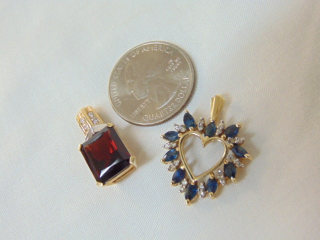 Jewelry. (2) Gold pendants, marquise sapphire diamond heart hallmark 14k, 3.58 grams, 3/4" w/o bail, (1 of 4)