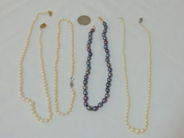 Jewelry. (4) Pearl necklaces with gold clasps, strand of Tahitian pearls w/ 14k yellow gold clasp, 1 (1 of 4)