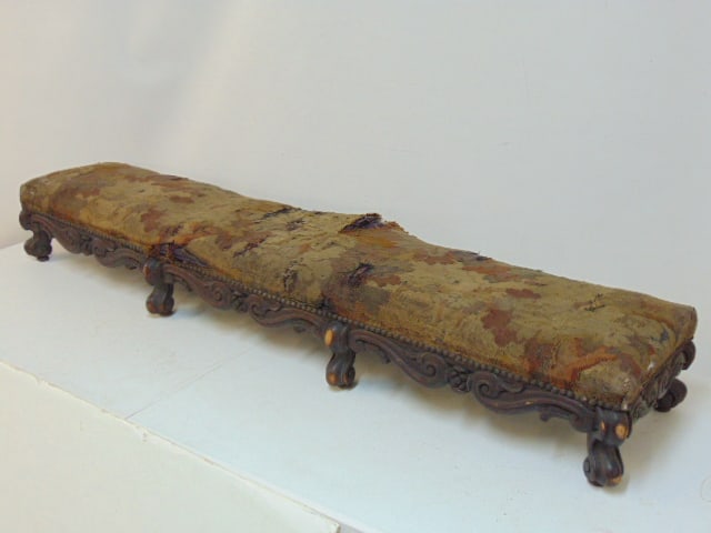 Early carved base, tapestry covered (kneeling) bench, 5' long, 13" wide, height is 9" (1 of 5)