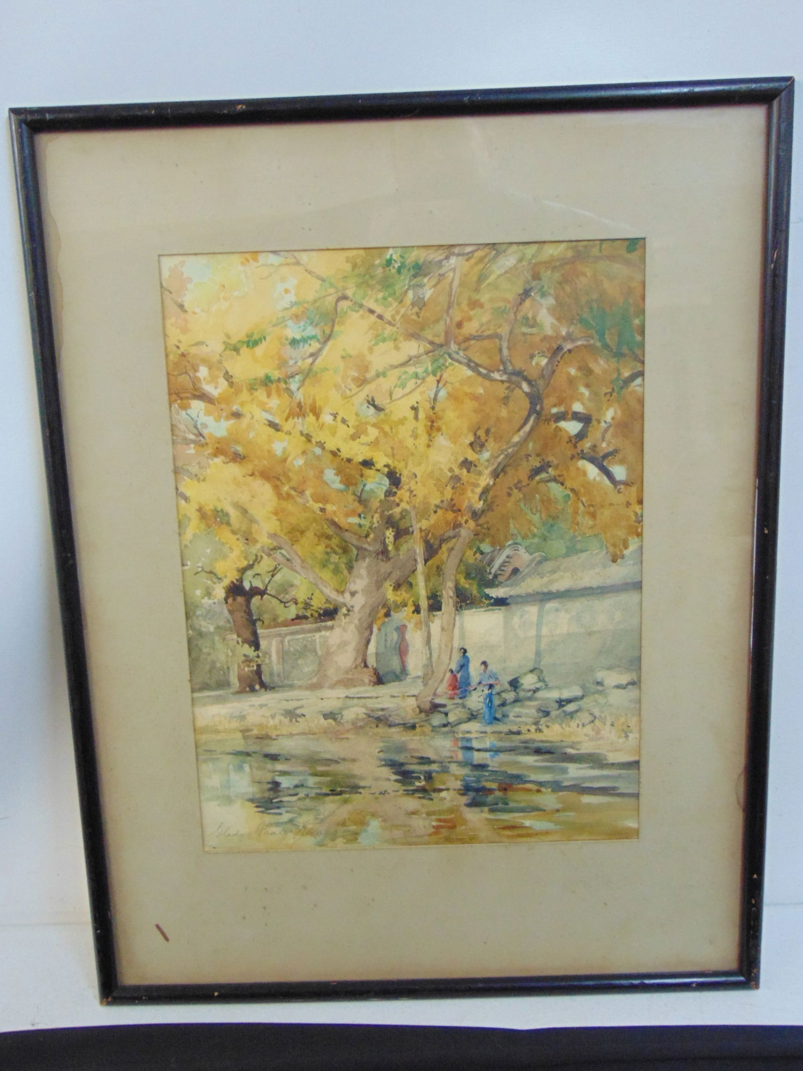 Chinese painting, Gladys Mary Haven, 1932, figures fishing by river, Nam Hai, Peking, watercolor, wi: Chinese painting, Gladys Mary Haven, 1932, figures fishing by river, Nam Hai, Peking, watercolor, with Yeh Feng Hsiang label on reverse, 17.5" by 13 1/8", framed size is 26.5" by 20 5/8"