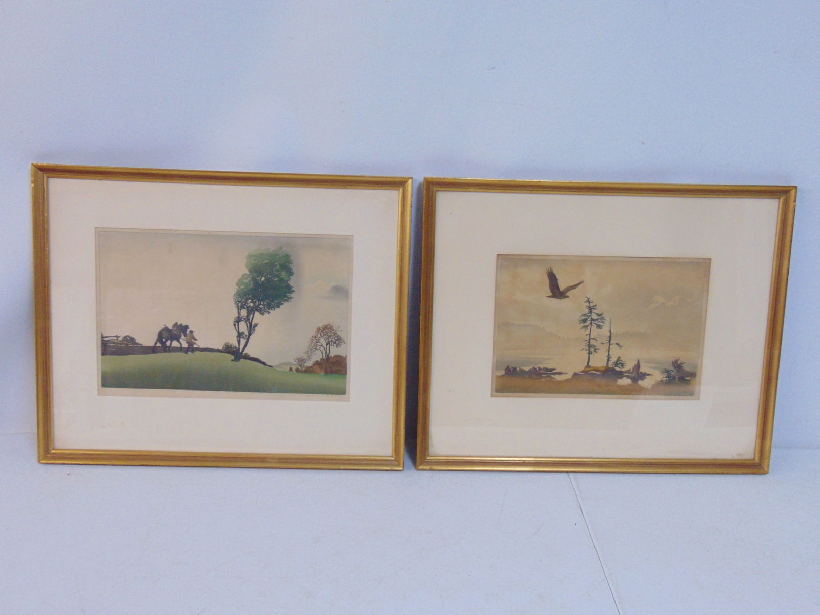 2 woodblock prints by Leo Frank, "Tempest" & "Mountain Lake", each print is 8.5" by 12 3/8", framed (1 of 8)