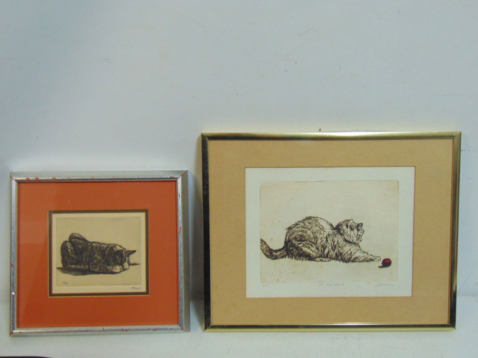 2 etchings, cats, one signed A. Edel, 4.5" by 5.25" & "The Red Ball", signed J. Boland (?), 7.5" by (1 of 5)