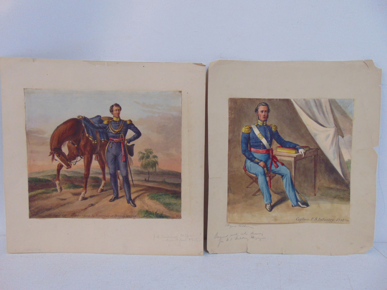 2 watercolors, 19th Century U.S. officers, "Captain U.S. Infantry 1841", signed "A.K.", 9.5" by 9 3/: 2 watercolors, 19th Century U.S. officers, "Captain U.S. Infantry 1841", signed "A.K.", 9.5" by 9 3/8", illustration for U.S. Military Magazine & Lieu t Col Aide de Camp to Governor of Pennsylvania, s