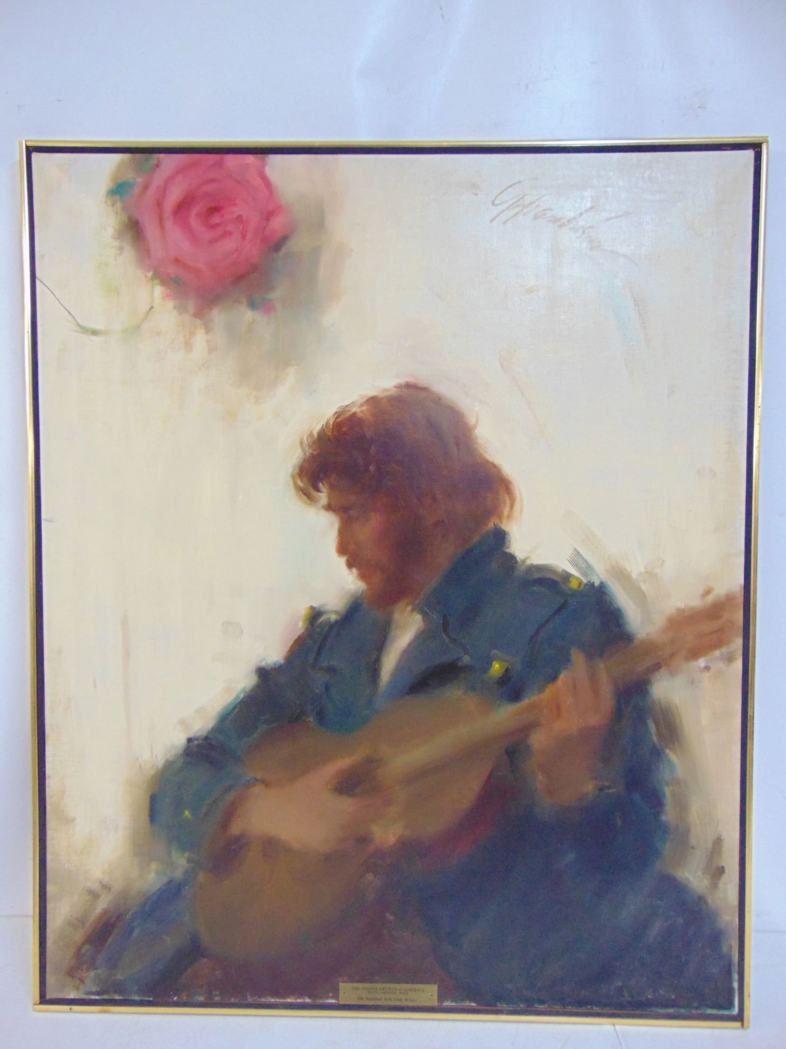Painting, man with guitar, signed Oppenheimer (?), oil on canvas, with plaque, "The Allied Artists o: Painting, man with guitar, signed Oppenheimer (?), oil on canvas, with plaque, "The Allied Artists of America, 55th Annual 4" by 33"1968, The National Arts Club Prize"