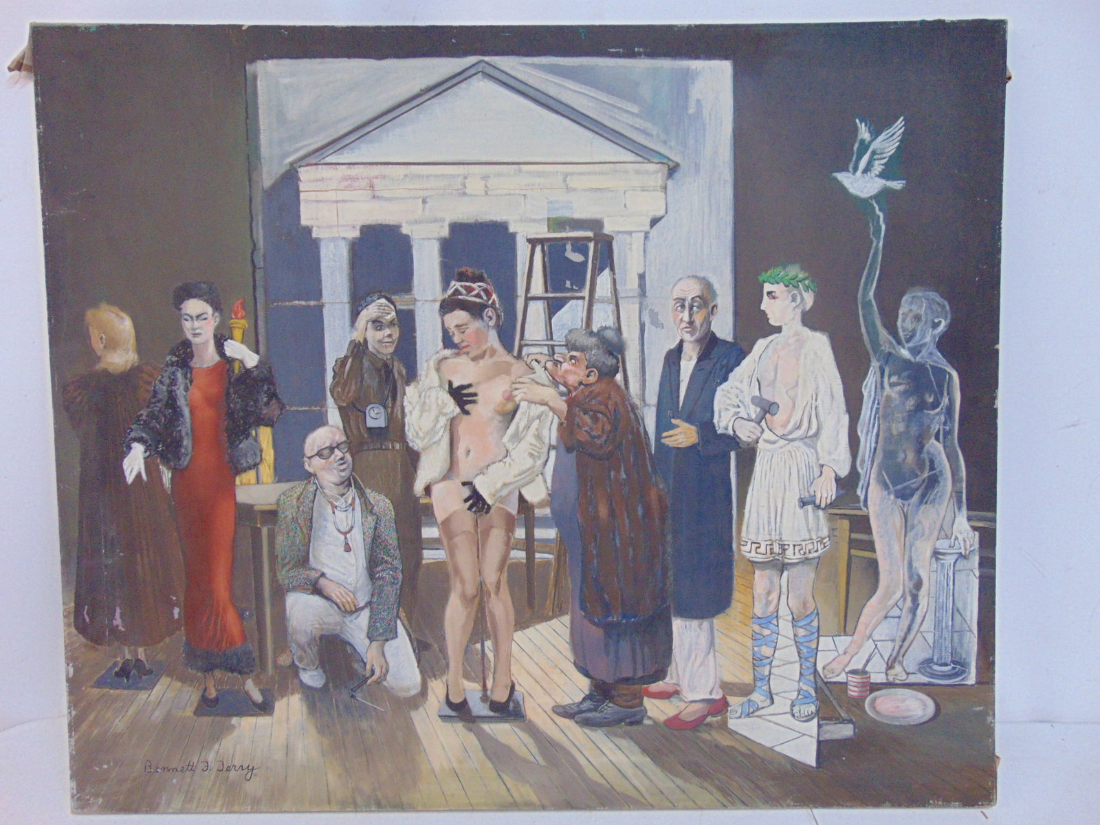 Painting, various figures, signed Bennett J. Jerry, oil on canvas, surreal style, 30" by 36": Painting, various figures, signed Bennett J. Jerry, oil on canvas, surreal style, 30" by 36"
