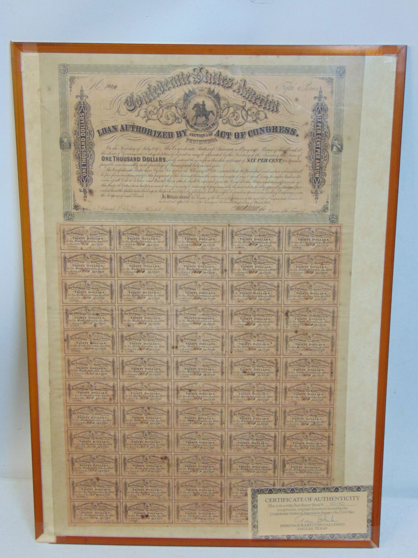 Confederate States of America Bearer Bond # 10110, one Thousand dollars, Six Percent per Annum, fift (1 of 7)