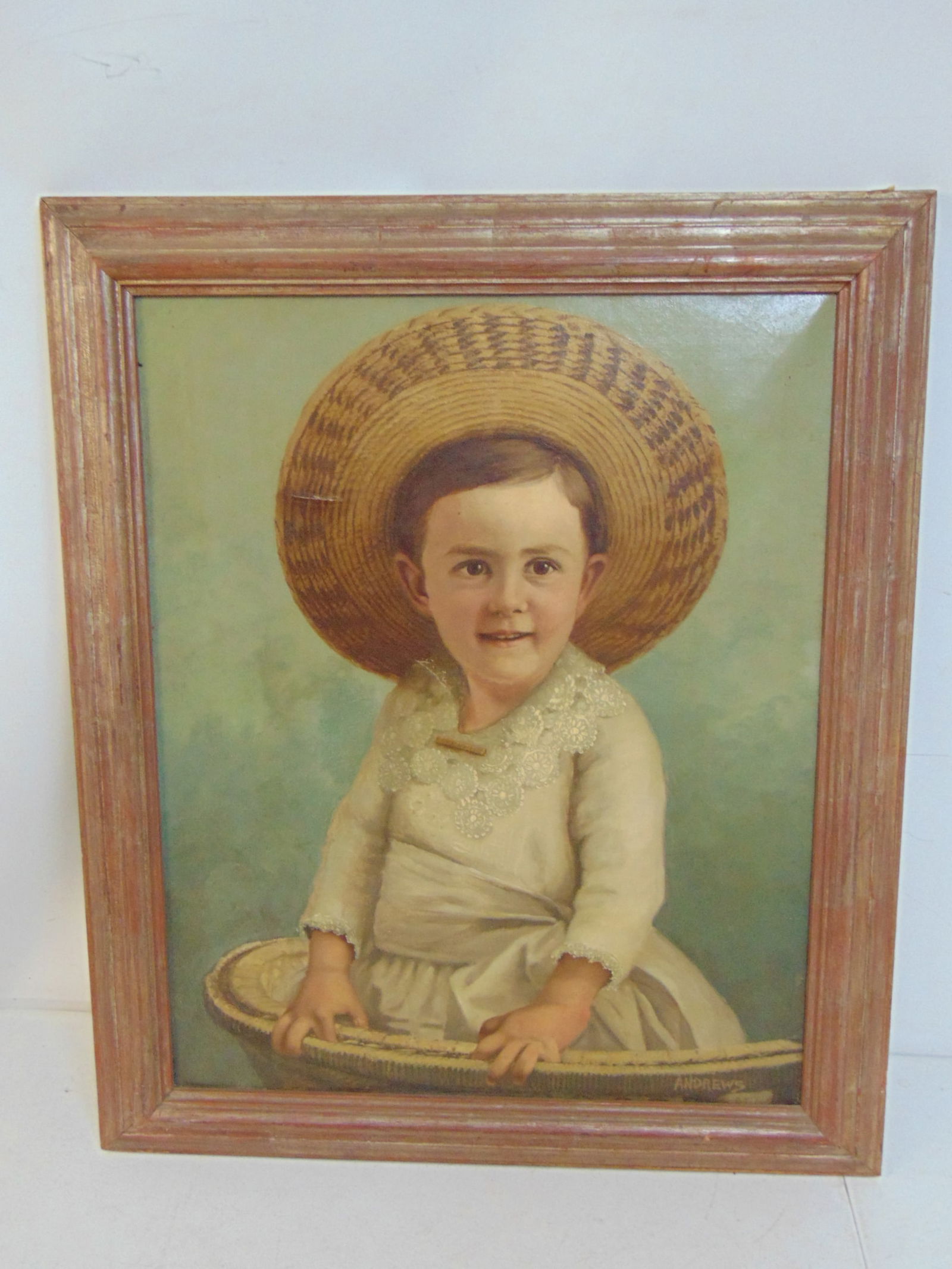 Painting, portrait young boy in basket with big straw hat, signed Andrews, oil on canvas, various ol (1 of 6)