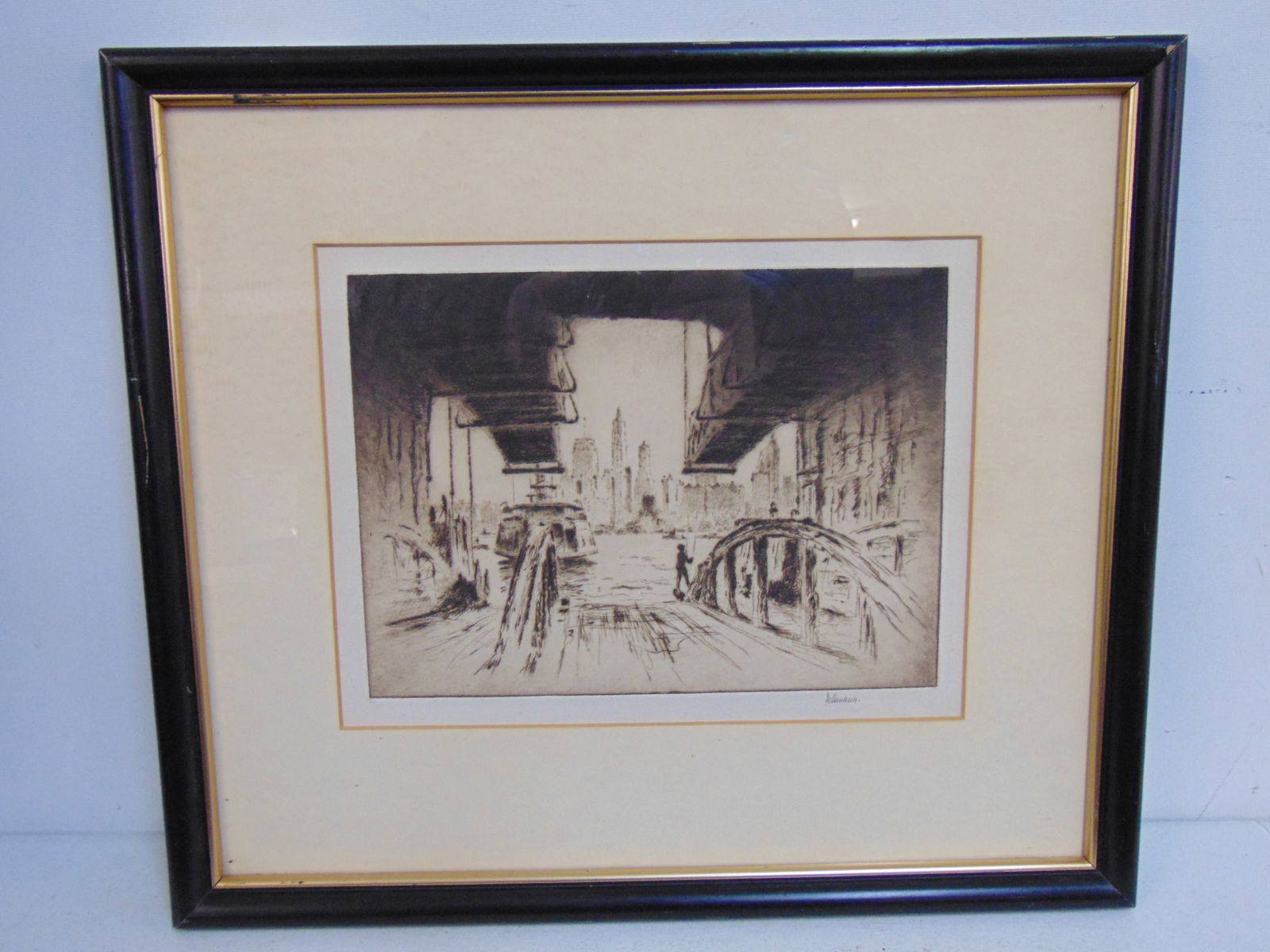 Etching, downtown NYC from ferry, signed Schumann, 9" by 11.75" (matting), framed size 16.25" by 18. (1 of 4)
