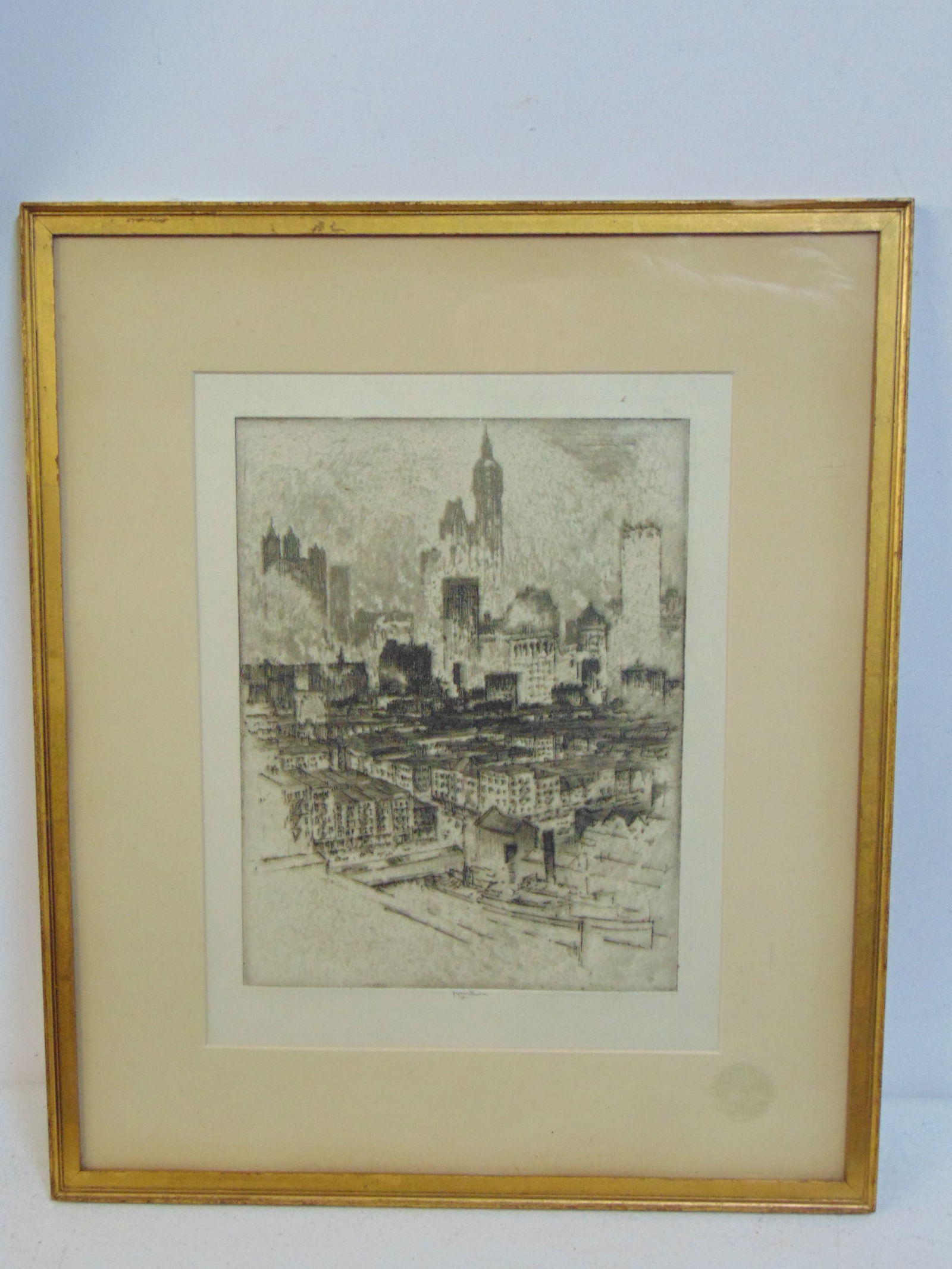 Etching, Joseph Pennell, New York from Brooklyn Bridge, 13" by 10" (matting), framed size is 19" by (1 of 5)