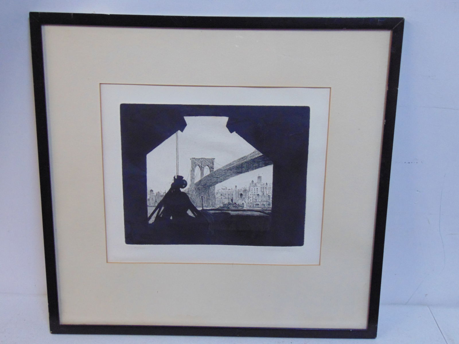 Etching, "Brooklyn Bridge", Arthur Cohen, 10" by 12" (matting), framed size is 17.75" by 18.75" (1 of 4)