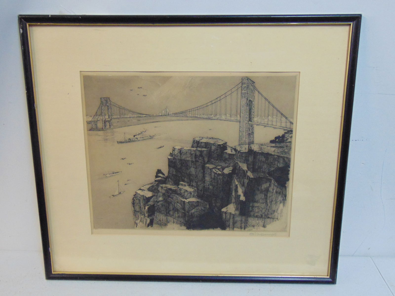 Etching, George Washington Bridge, Otto Wackernagel, George Washington Bridge seen from the palisade (1 of 4)