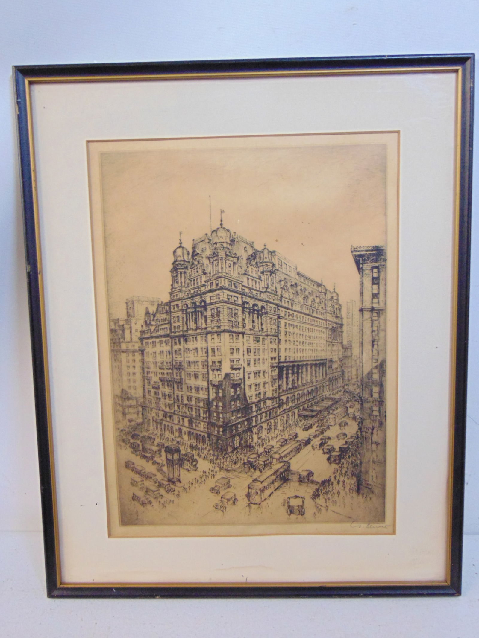 Etching, Hotel Waldorf Astoria, Anton Schutz, corner view of the hotel in New York City, 14.5" by 10 (1 of 5)
