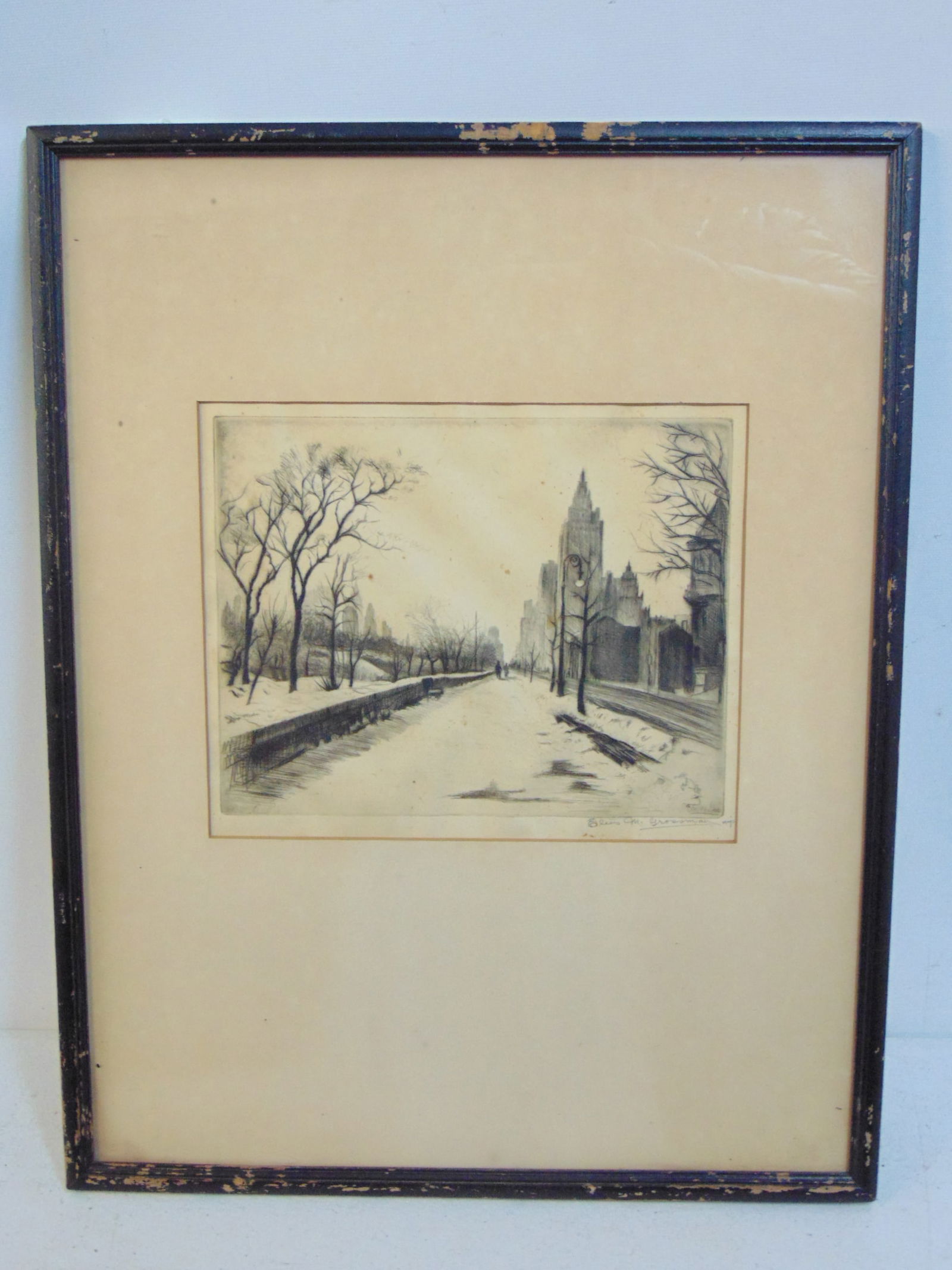 Etching, Central Park West, Elias Mandel Grossman, 7.5" by 9.25" (matting), framed size is 18.75" by (1 of 4)