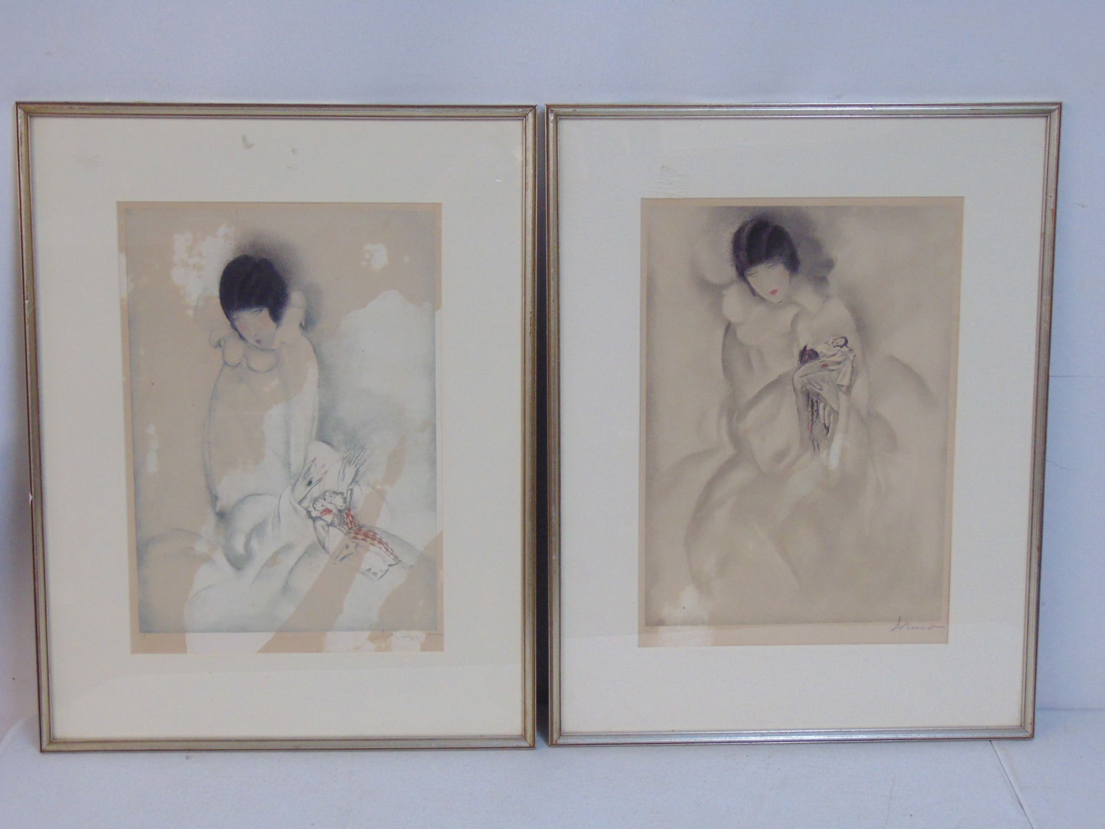 2 lithographs, Carles Loupot, Woman Holding Pierrot & Columbine, 16" by 11" each (matting), framed (1 of 7)