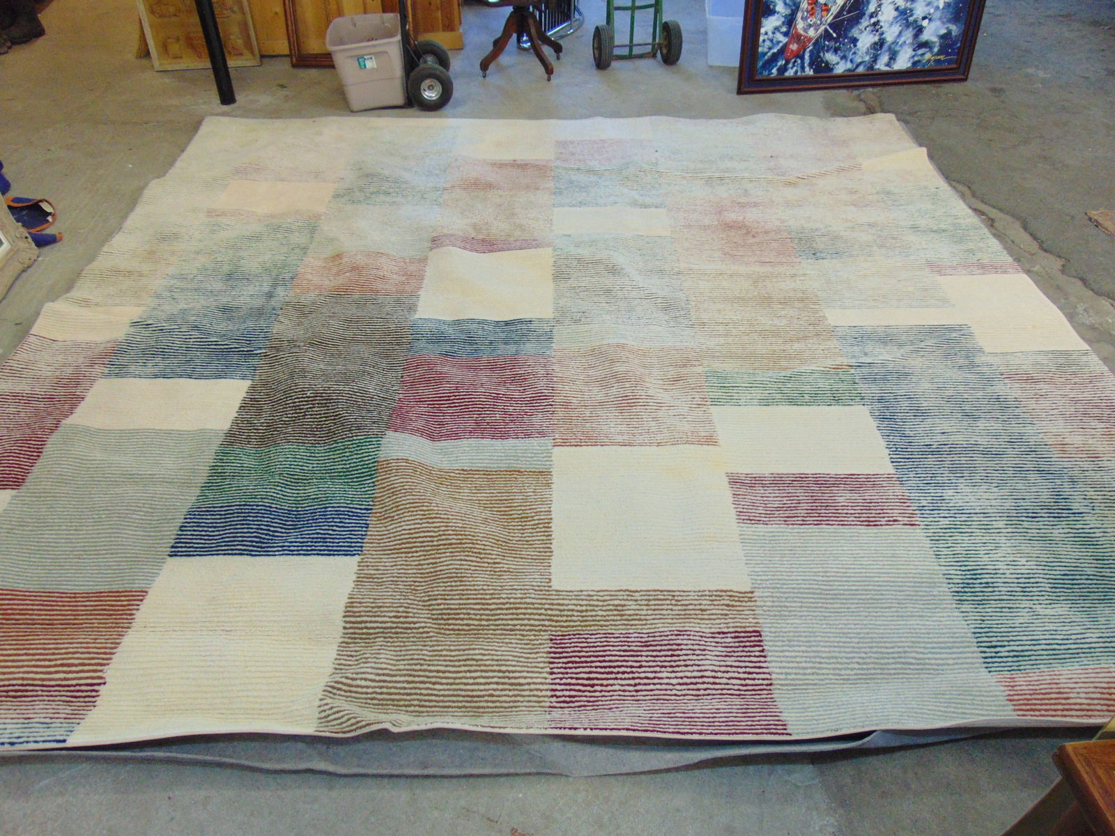 Modern room size carpet, various striped colors in blocks, rug is 12'3" by 12'6", with pad: Modern room size carpet, various striped colors in blocks, rug is 12'3" by 12'6", with pad