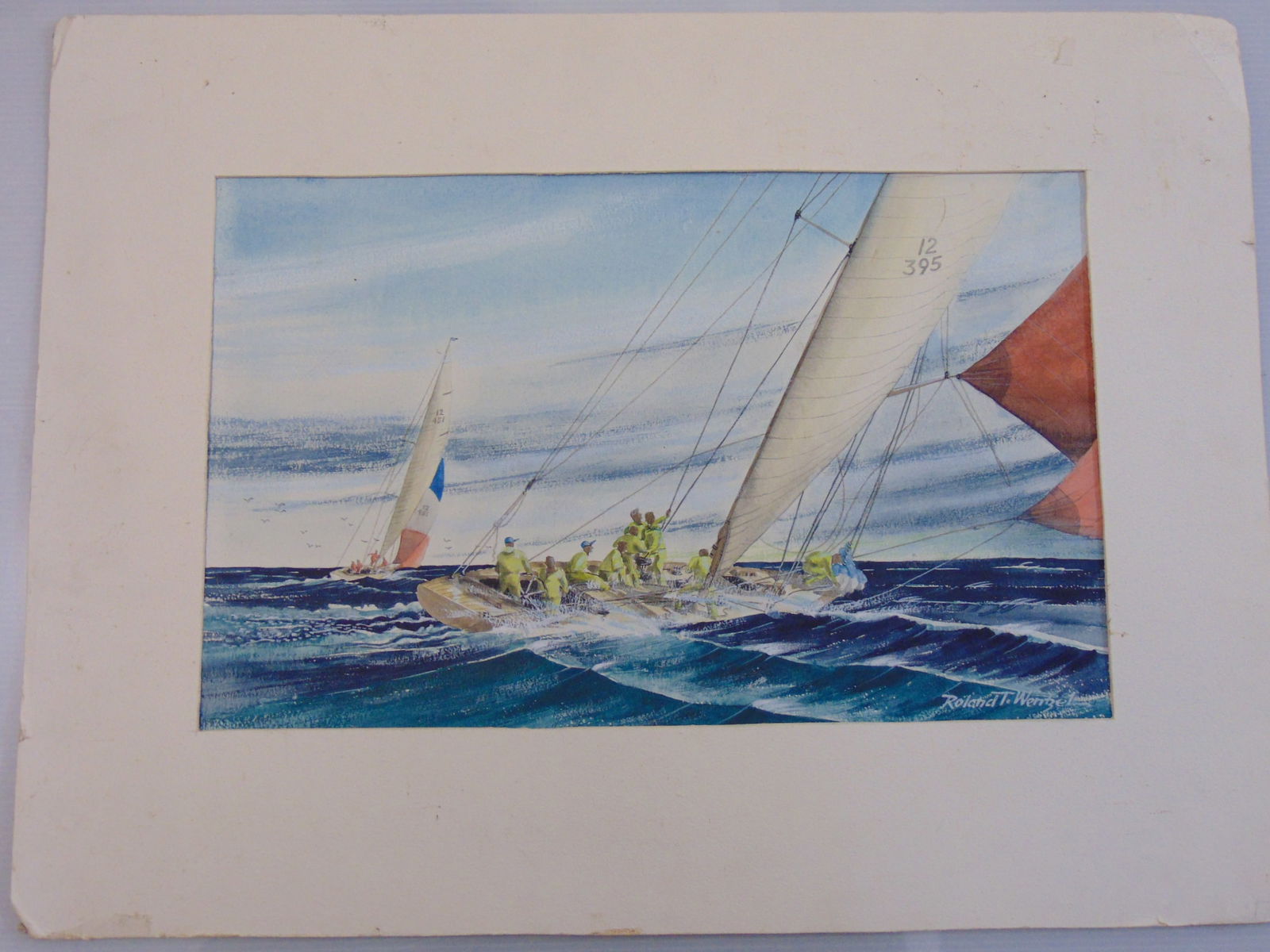 Painting, yacht race, Roland T. Wentzel, watercolor, unframed (matted), 15" by 22" (sheet: Painting, yacht race, Roland T. Wentzel, watercolor, unframed (matted), 15" by 22" (sheet