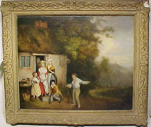 Oil Painting, Francis Wheatley RA: O/C, landscape with figures by house, sgd. Francis Wheatley RA, 18.5" by 22..5", painting has been relined. Hudson Valley Auctioneers has endeavored to accurately describe all items being sold, but al